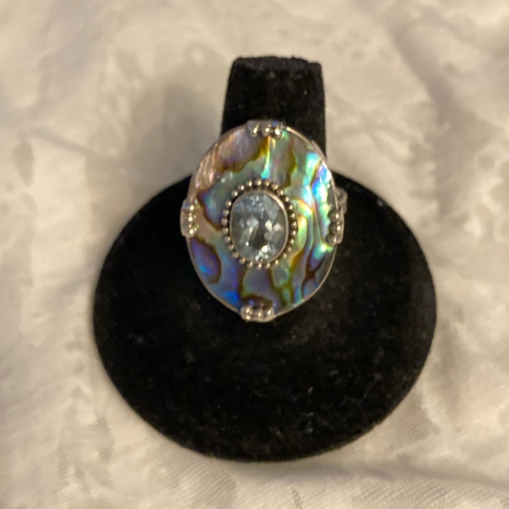 Artisan crafted blue Topaz and Abalone ring. Size 8